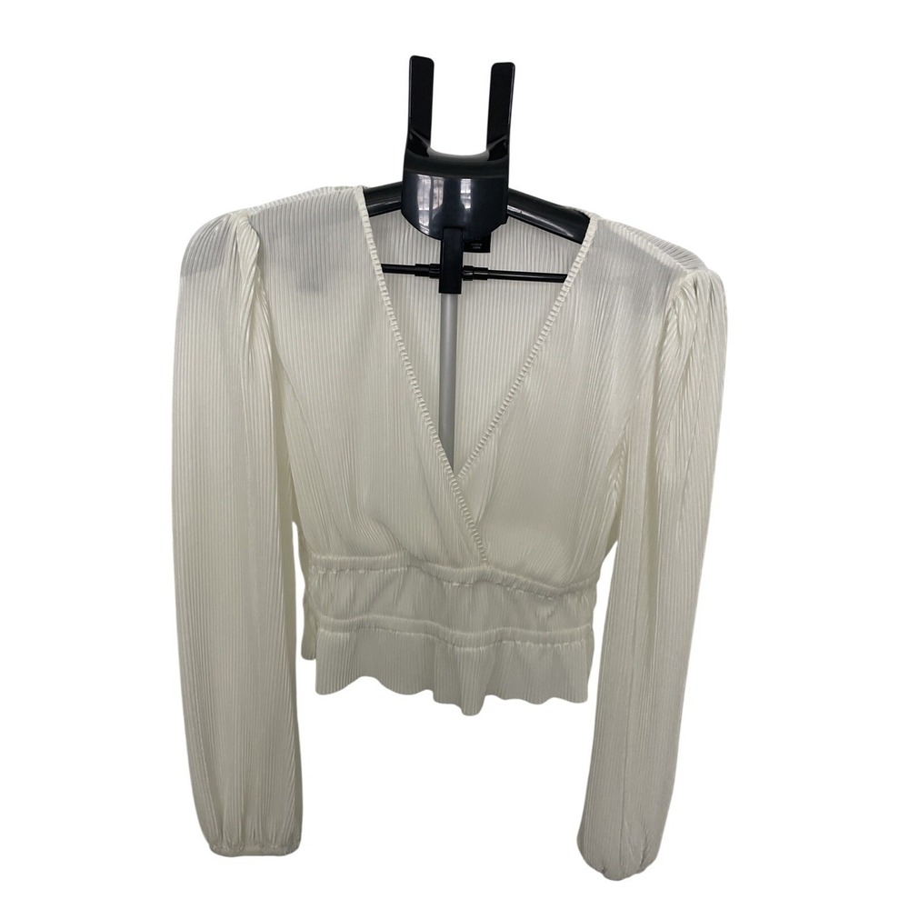 Sincerely Jules Womens White Pleated Surplice V-Neck Smocked Peplum Blouse Large